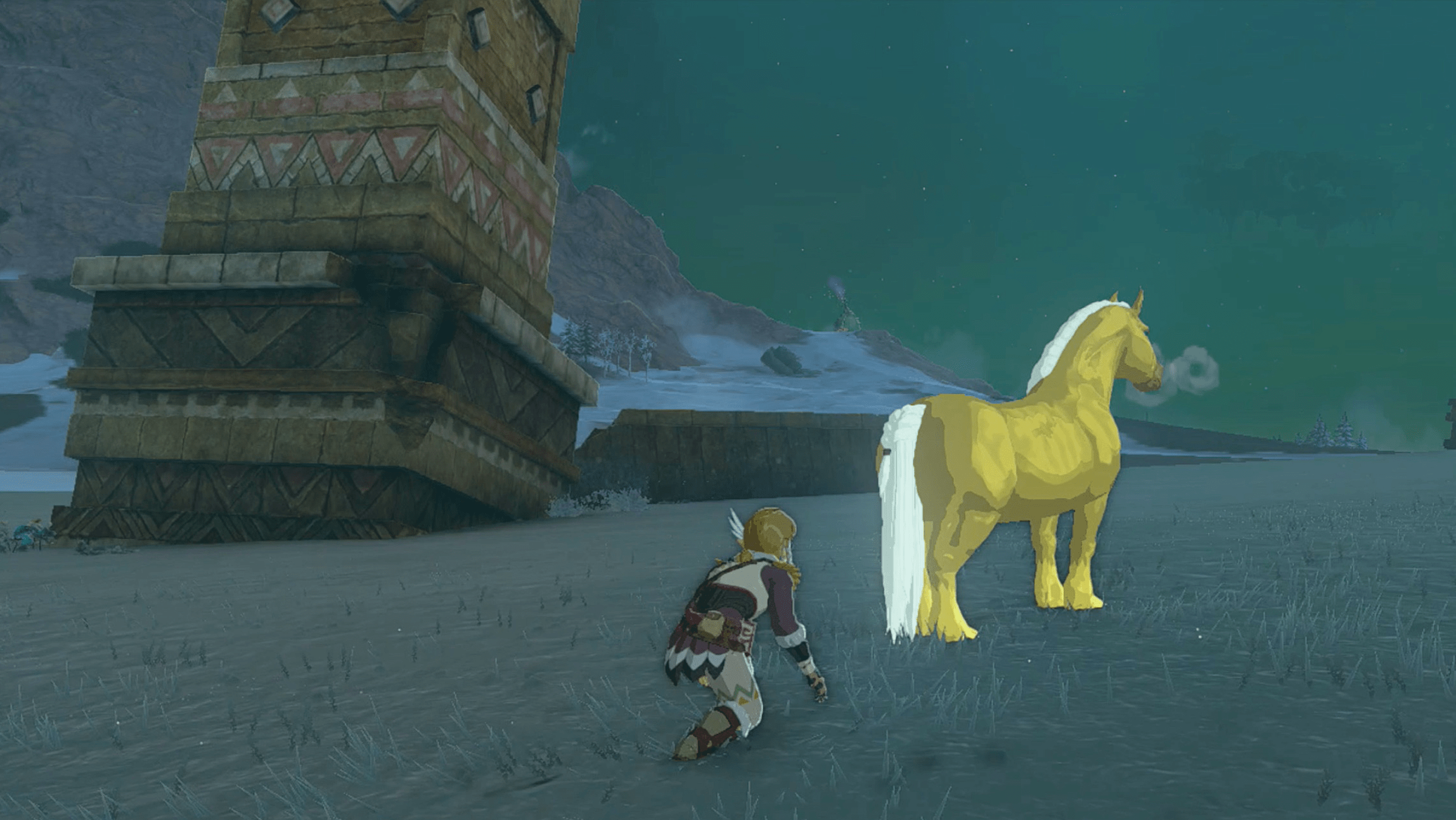 The Legend of Zelda: Tears of the Kingdom Link sneaking up on Zelda’s golden horse