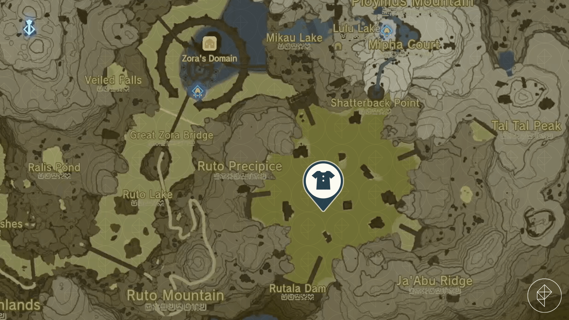 The Legend of Zelda: Tears of the Kingdom map showing the the location of the entrance to the Ancient Zora Waterworks and the Zora greaves location.