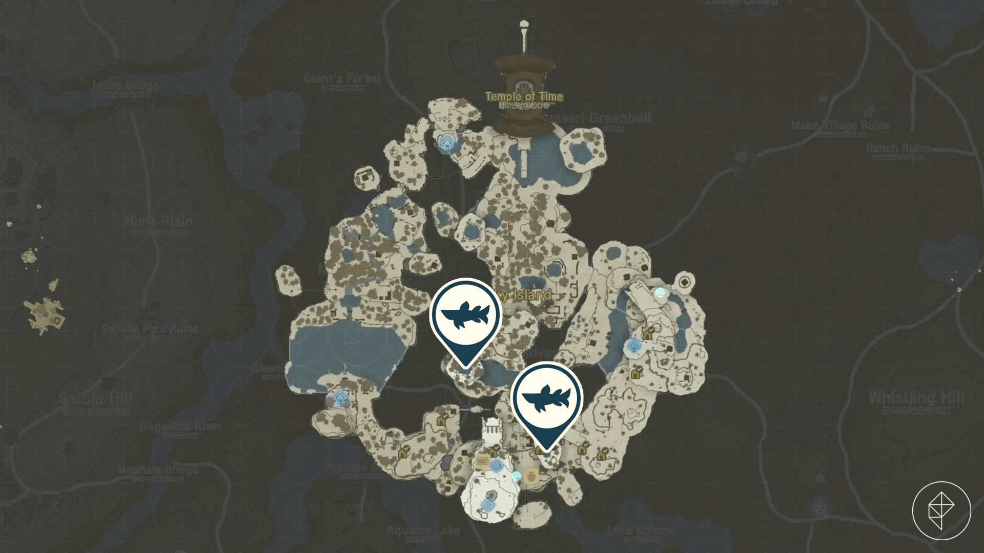 The Legend of Zelda: Tears of the Kingdom map showing ancient arowana locations on the Great Sky Island.