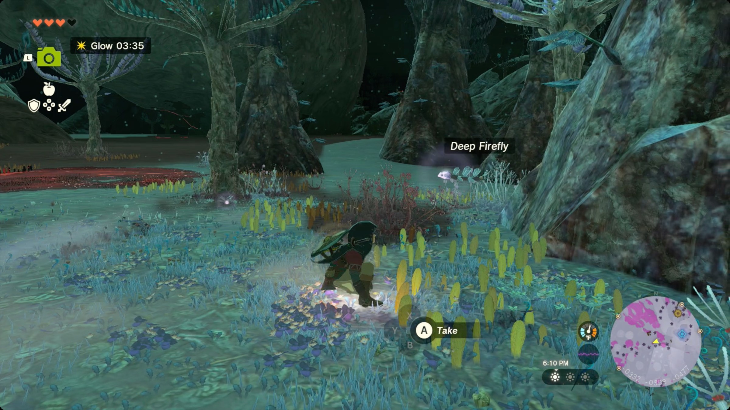 The Legend of Zelda: Tears of the Kingdom Link sneaking up on a deep firefly in the Depths.
