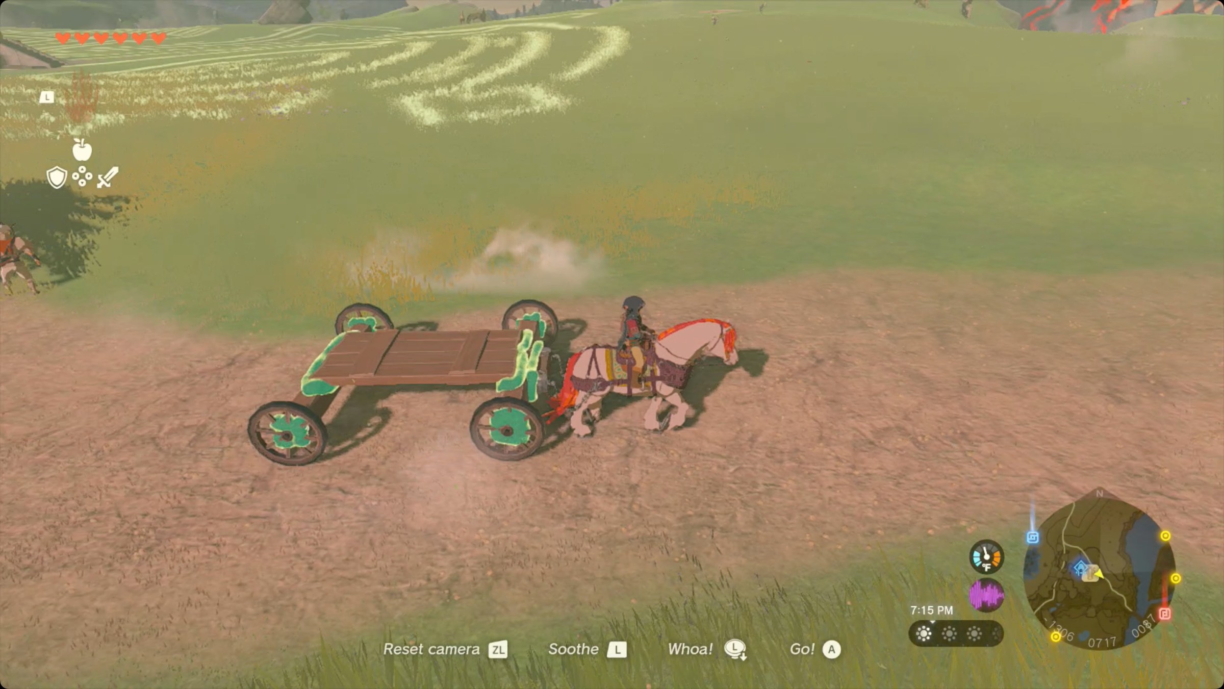 The Legend of Zelda: Tears of the Kingdom Link riding a horse with a red mane towing a wagon with the Towing Harness.