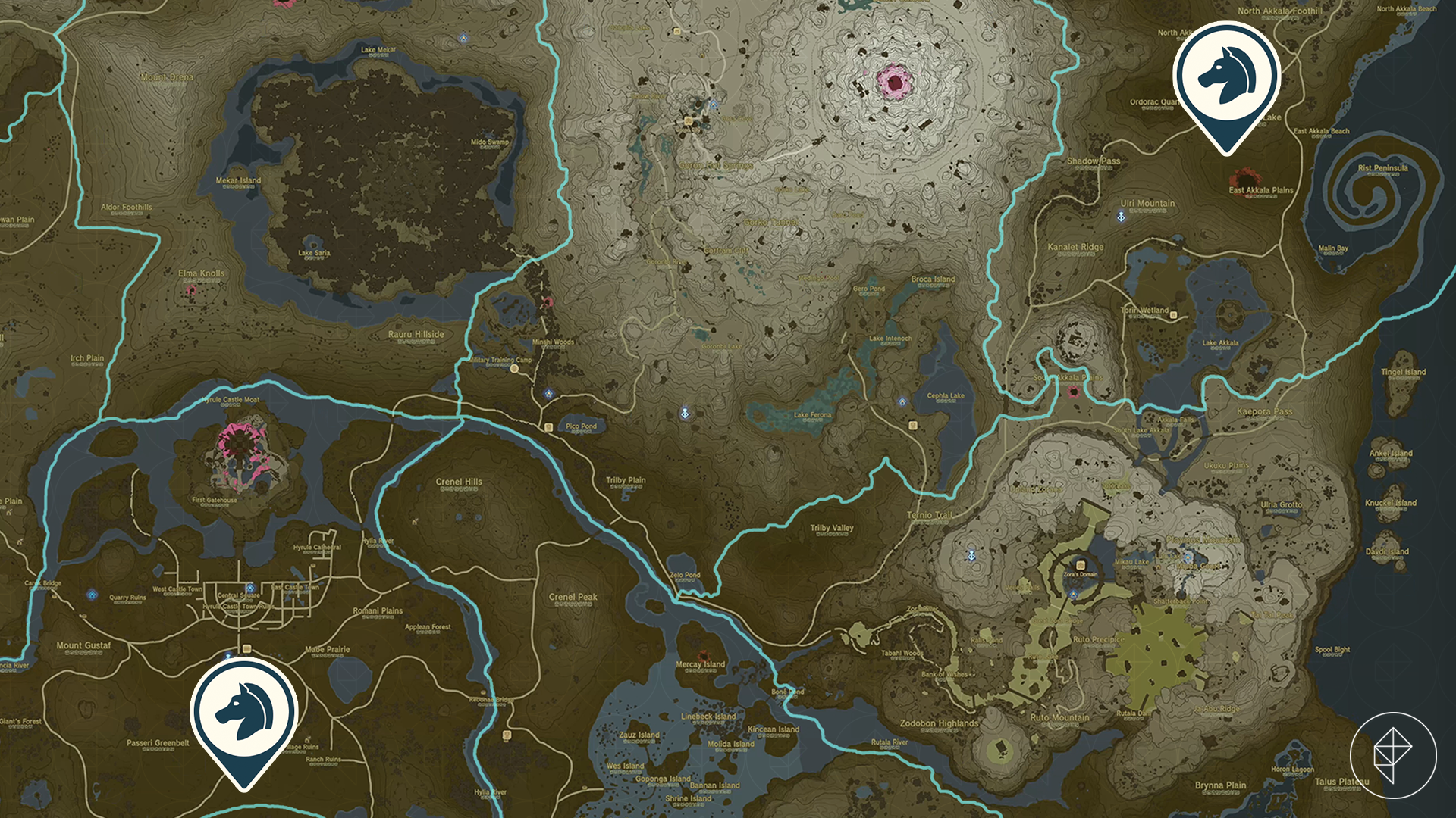 The Legend of Zelda: Tears of the Kingdom map showing the location of two herds of low-level horses
