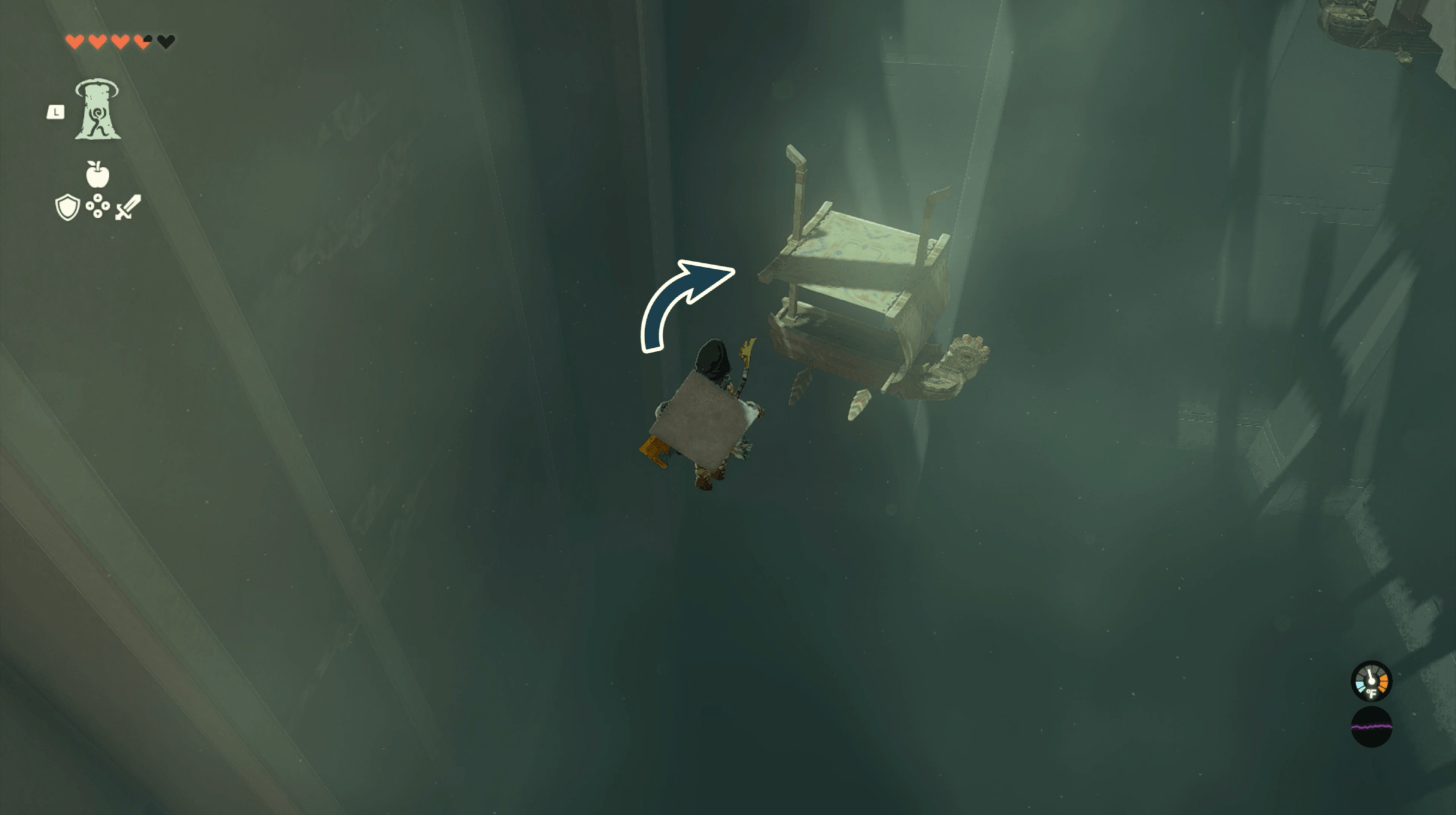 An image of a Link gliding to a floating boat in a shrine in The Legend of Zelda: Tears of the Kingdom. The graphic has an arrow pointing to a moving floating boat.