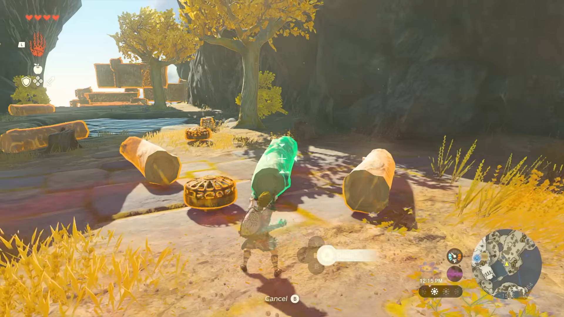 Link in the Legend of Zelda: Tears of the Kingdom gathering some building materials to make a boat.