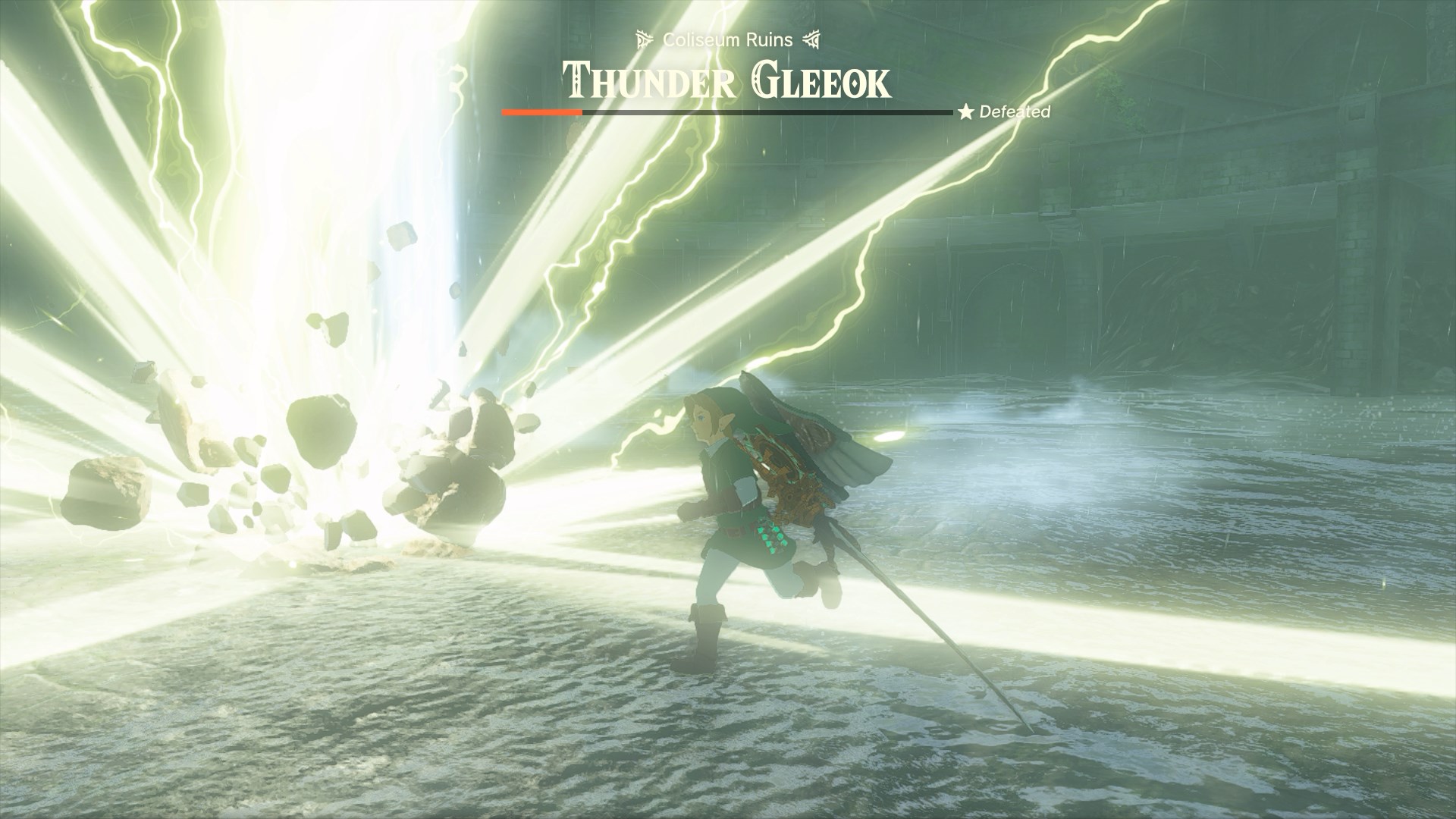 Thunder Gleeok summoning a bolt of lightning to strike the ground near Link in The Legend of Zelda: Tears of the Kingdom.