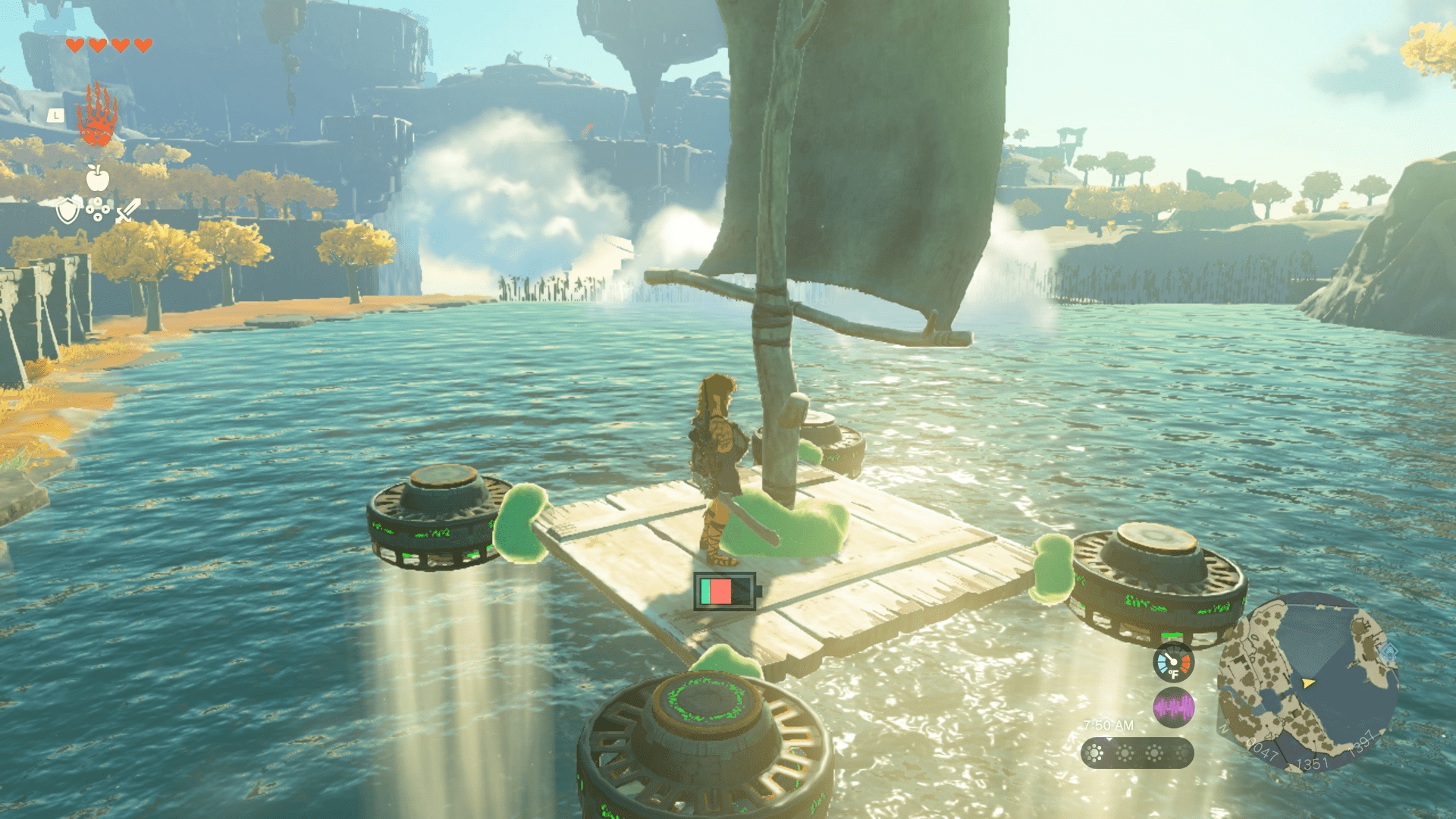 Link on a homemade raft in The Legend of Zelda: Tears of the Kingdom