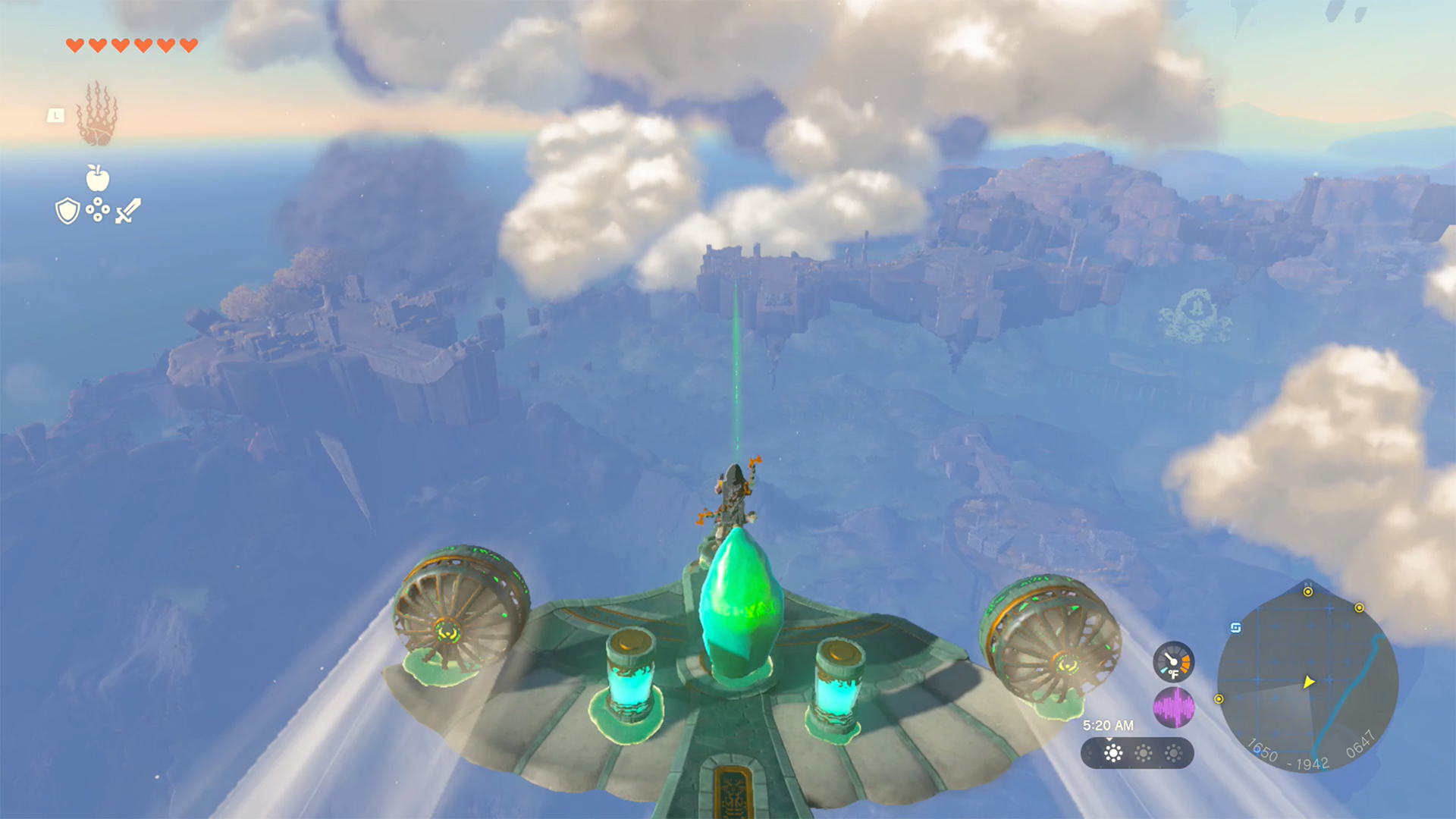 Link rides on a Zonai glider toward Ukoojisi Shrine in The Legend of Zelda: Tears of the Kingdom