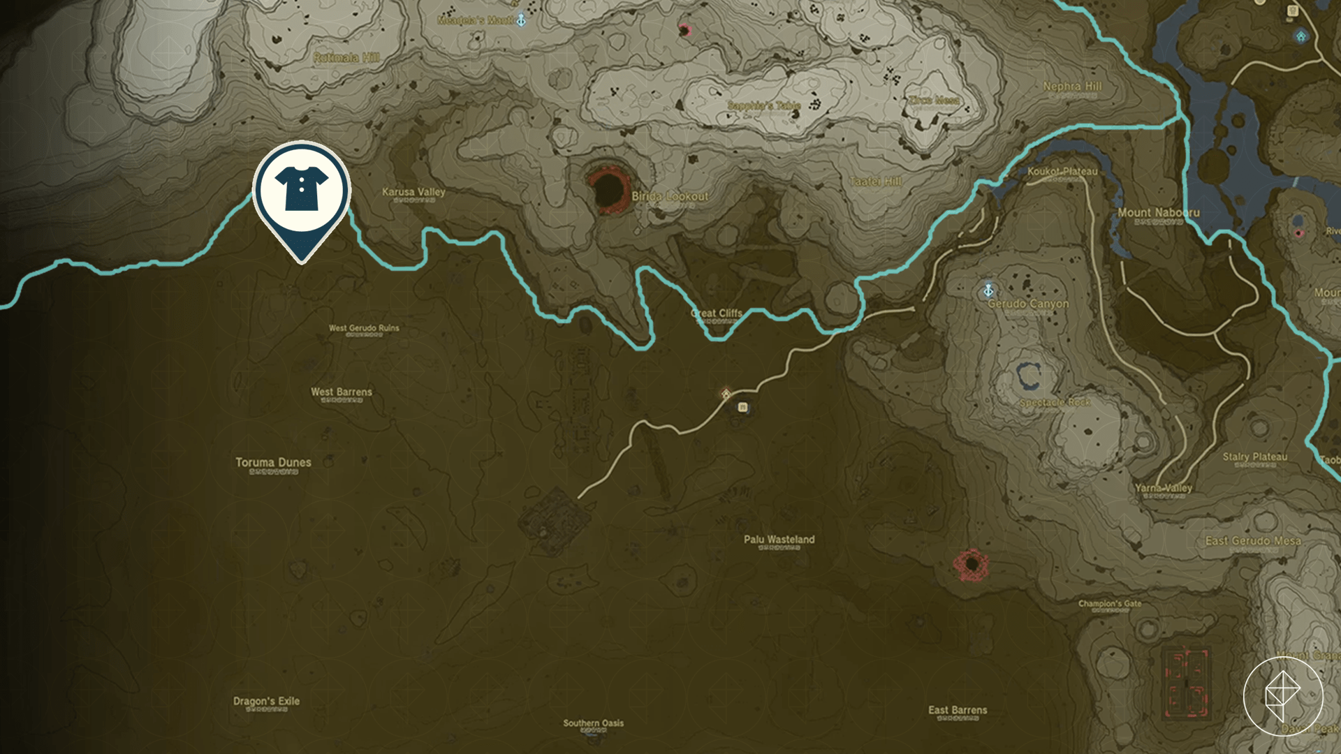 Vah Naboris Divine Helm location on the map of the Gerudo Valley in the Legend of Zelda: Tears of the Kingdom.