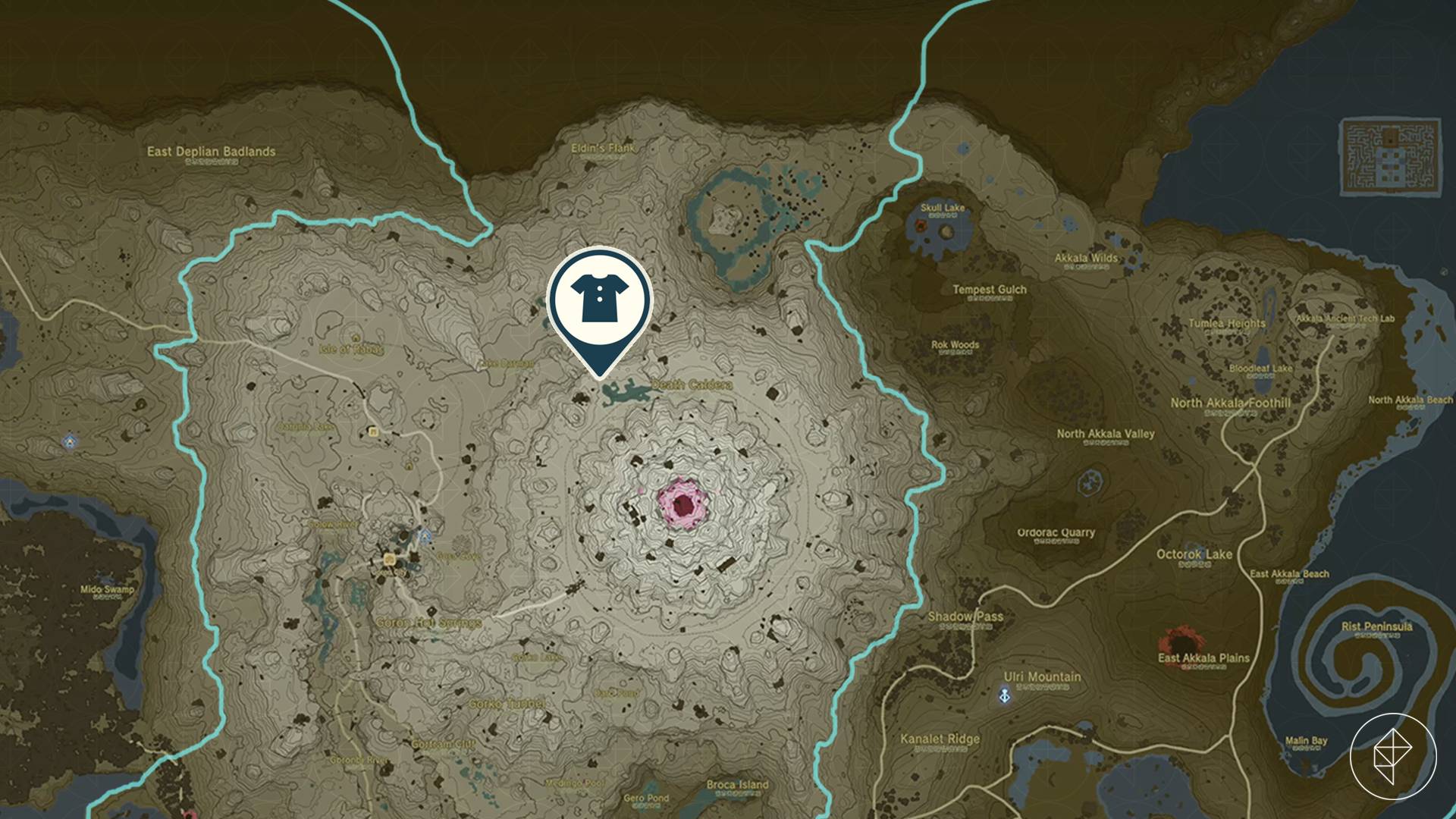 Vah Rudania Divine Helm location on the map of Hyrule in Zelda: Tears of the Kingdom.