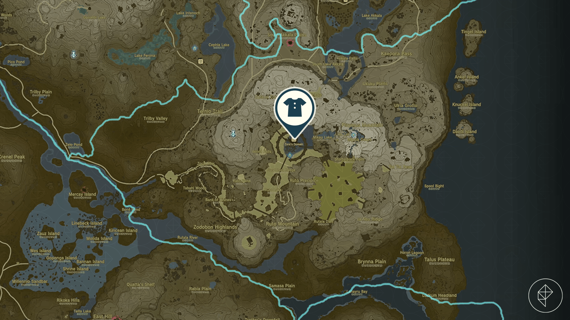 Vah Ruta Divine Helm location marked on the map of Hyrule in Zelda: Tears of the Kingdom.