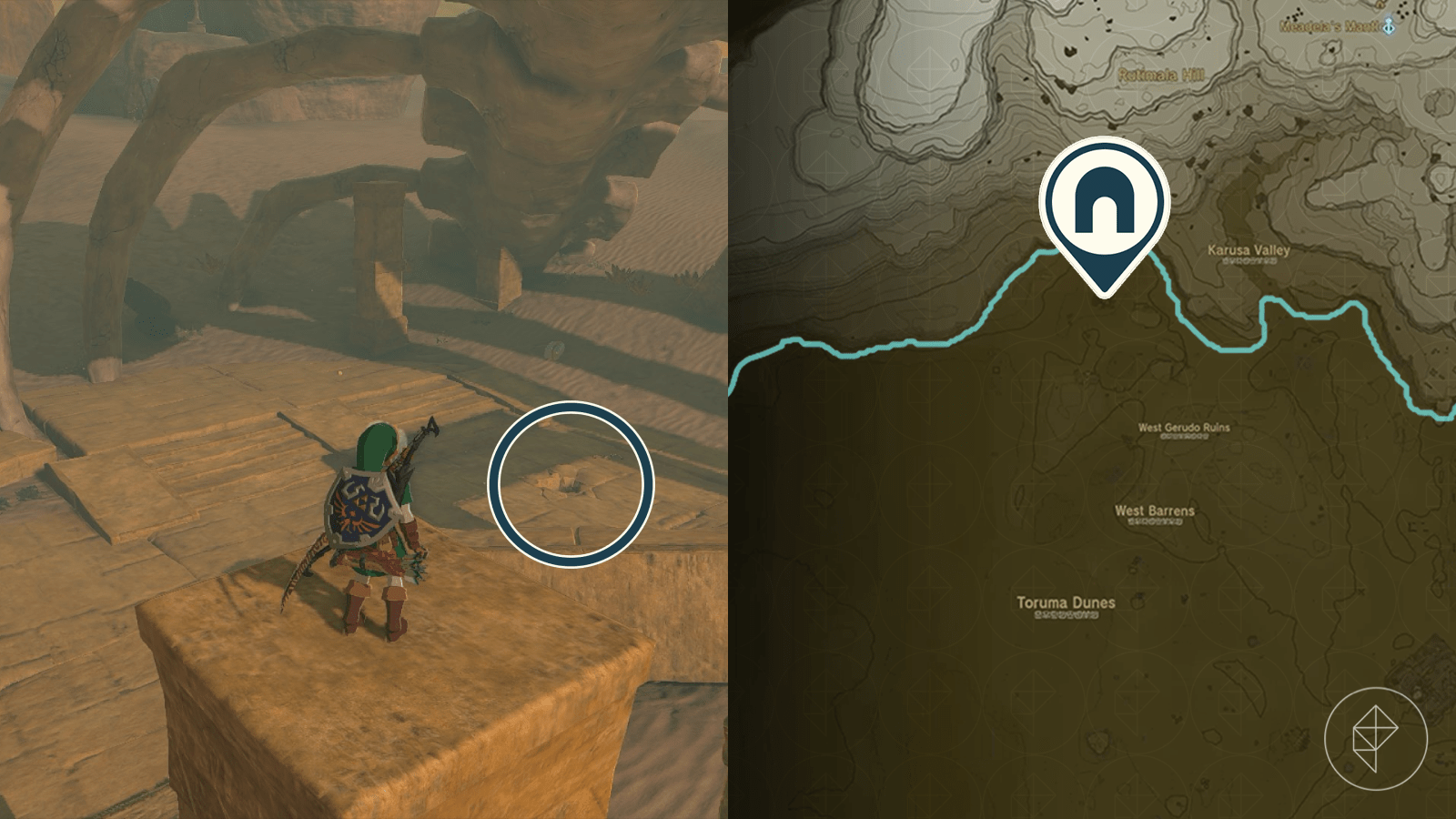 Entrance to the West Gerudo Underground Ruins circled and marked on the map of Hyrule in The Legend of Zelda: Tears of the Kingdom.