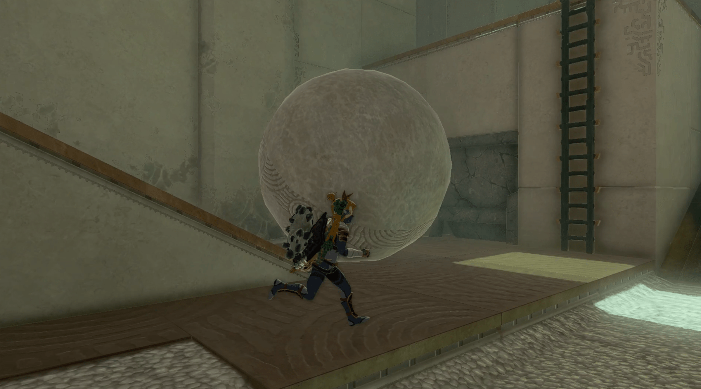 A giant stone ball rolling down a ramp in The Legend of Zelda: Tears of the Kingdom.