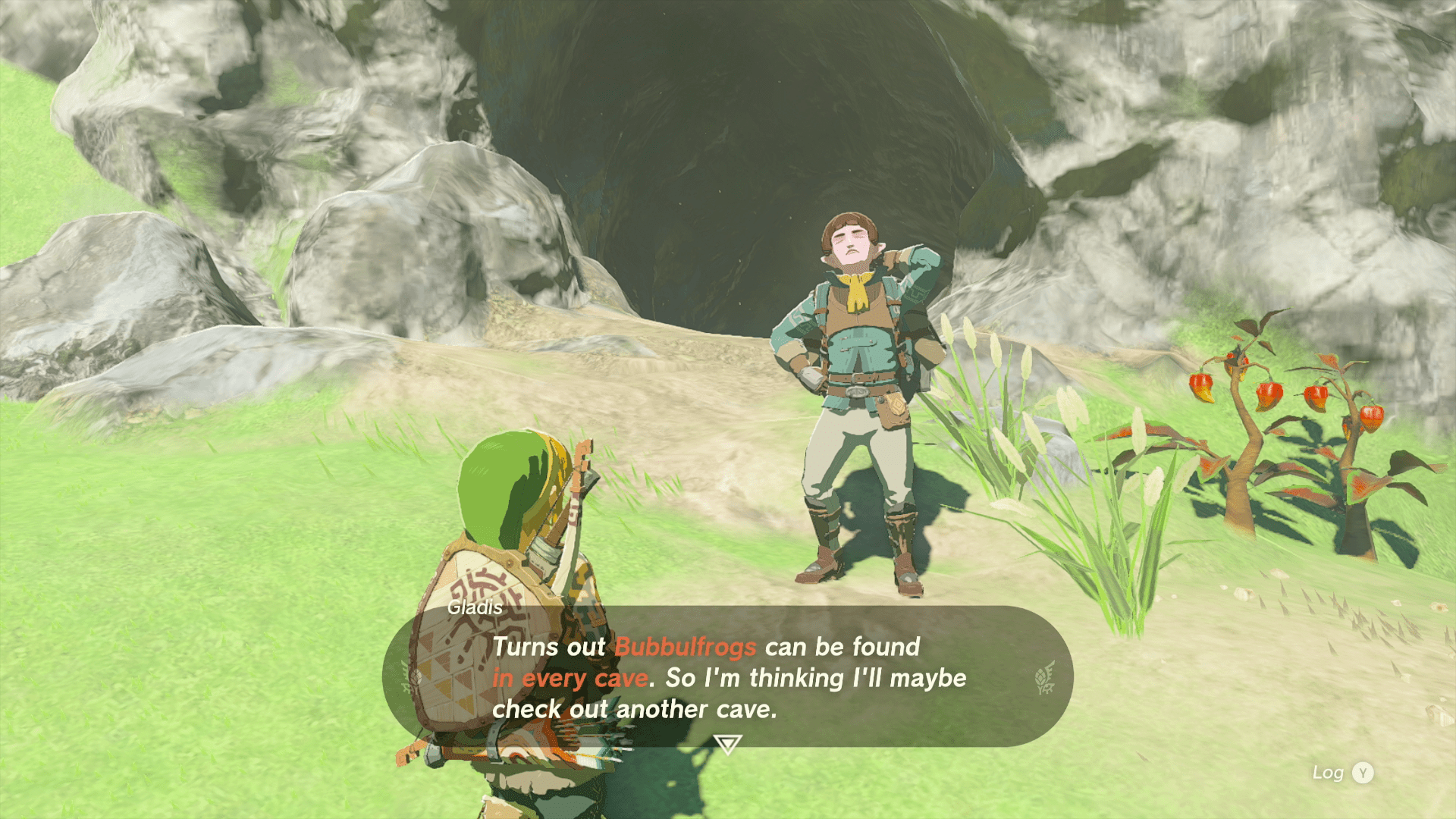 Link speaking with Gladis in front of a cave