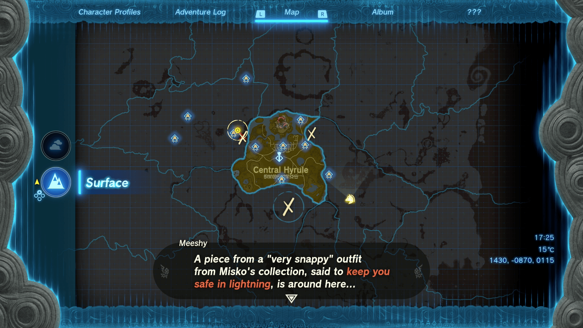 One of the Misko Treasure clues being added to the map, with the text: “A piece from a ‘very snappy’ outfit from Misko’s collection, said to keep you safe in lightning, is around here...”
