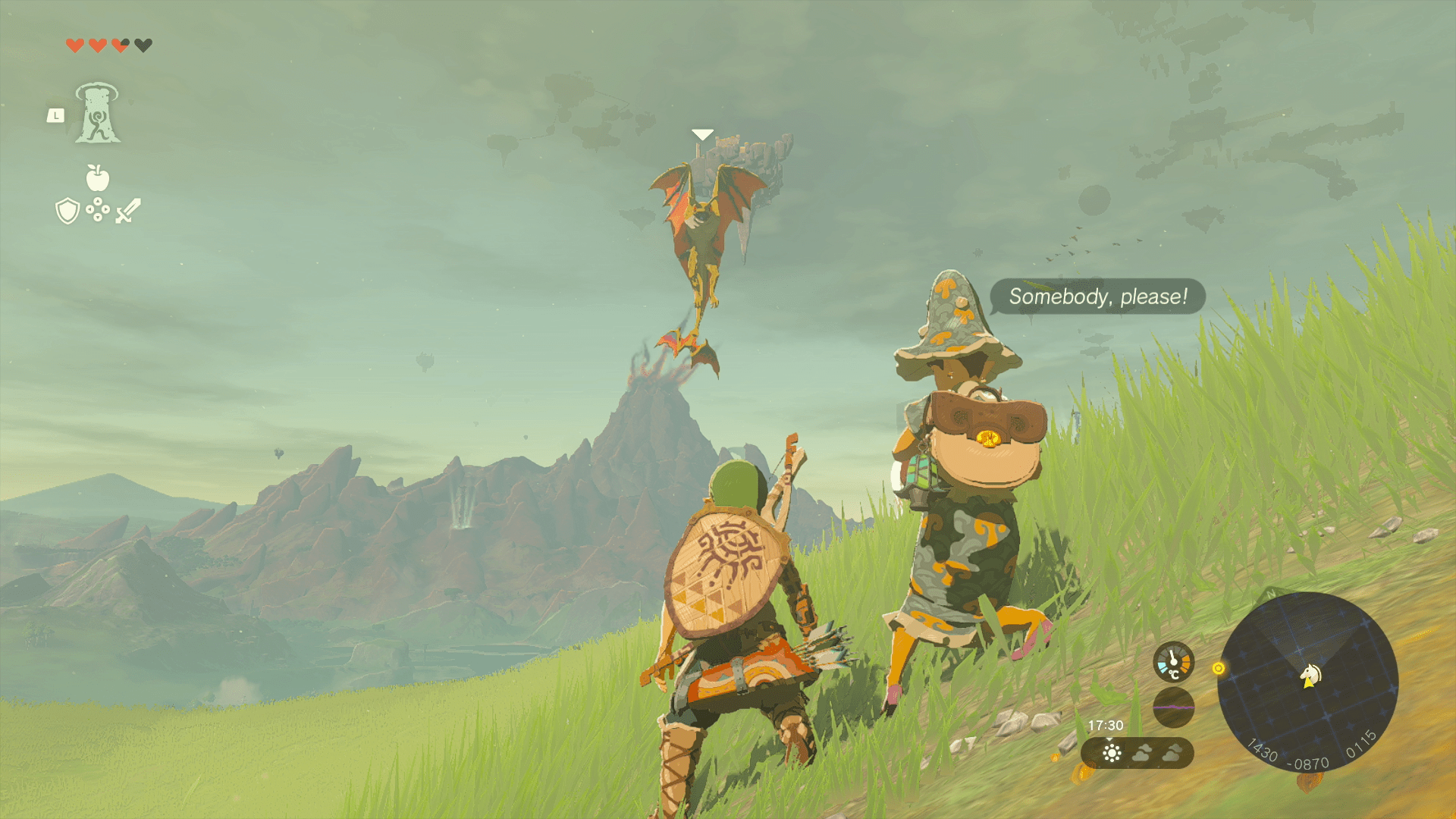 Link standing next to Meeshy, who is saying “Somebody, please!”