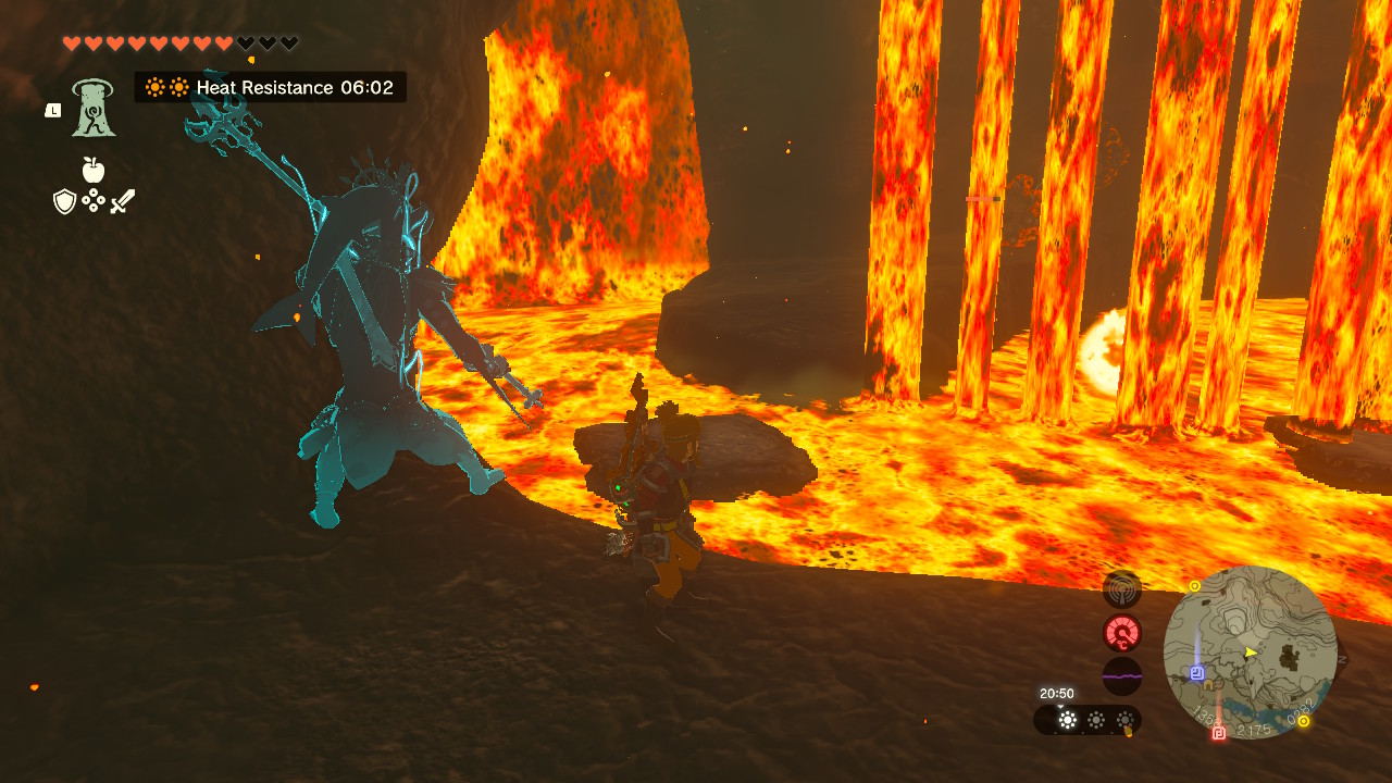 Link stands next to a lava waterfall (a lavafall?) in the Goronbi River Cave in Zelda Tears of the Kingdom.