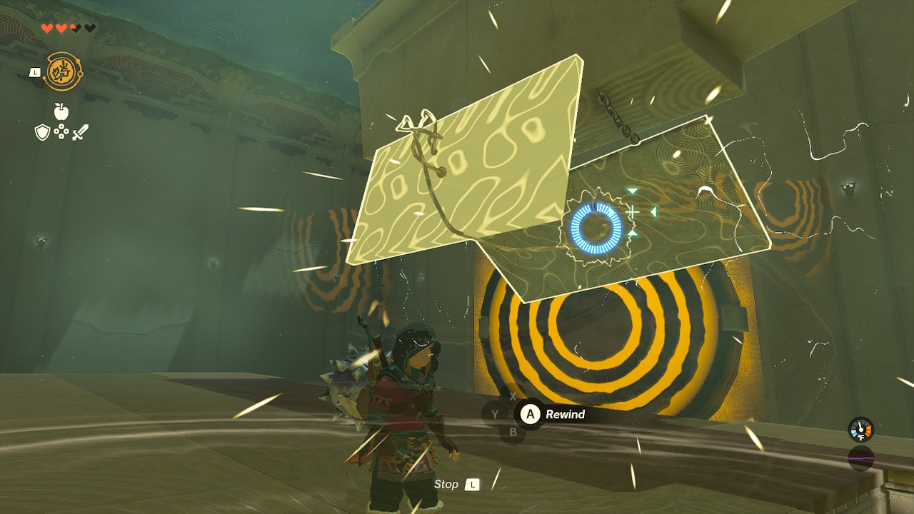 Link uses Rewind to froze a massive wall into place inside a shrine in Zelda: Tears of the Kingdom