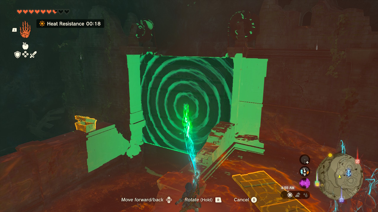 Link uses Ultrahand to slide a door upwards so the water can leave the room in Zelda: Tears of the Kingdom