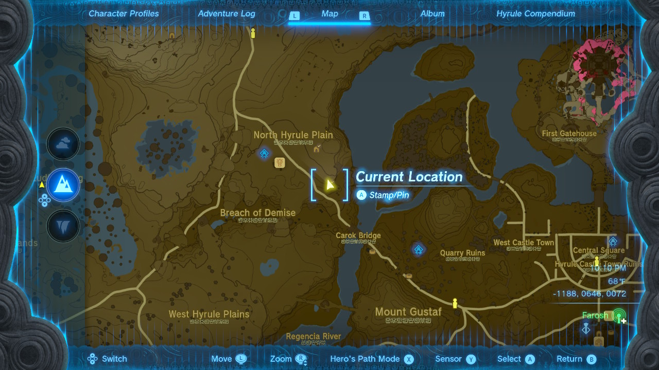 A screenshot of the map location for North Hyrule Plain Cave in Zelda: Tears of the Kingdom