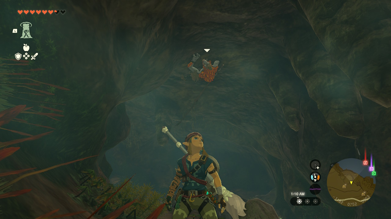 A Horriblin approaches link crawling on the ceiling in Zelda: Tears of the Kingdom