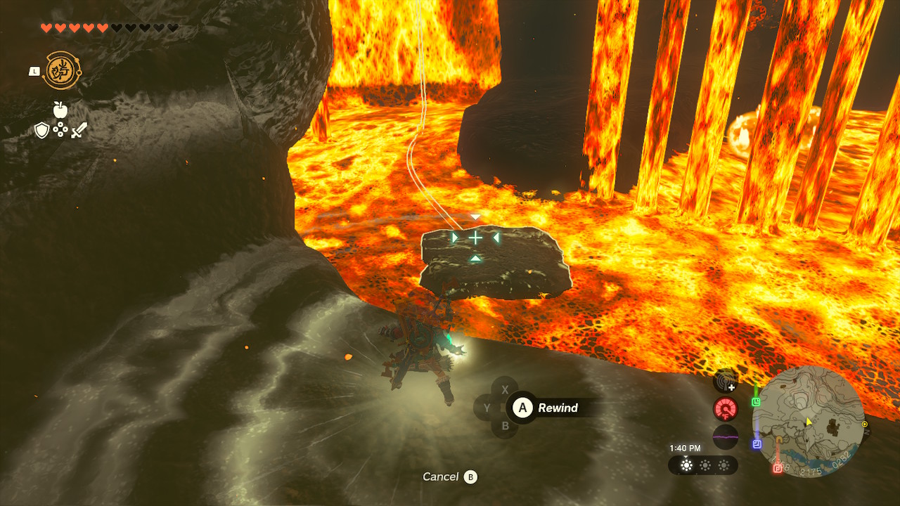 Link uses Recall to change the movement of a rock platform swimming over lava in Zelda: Tears of the Kingdom