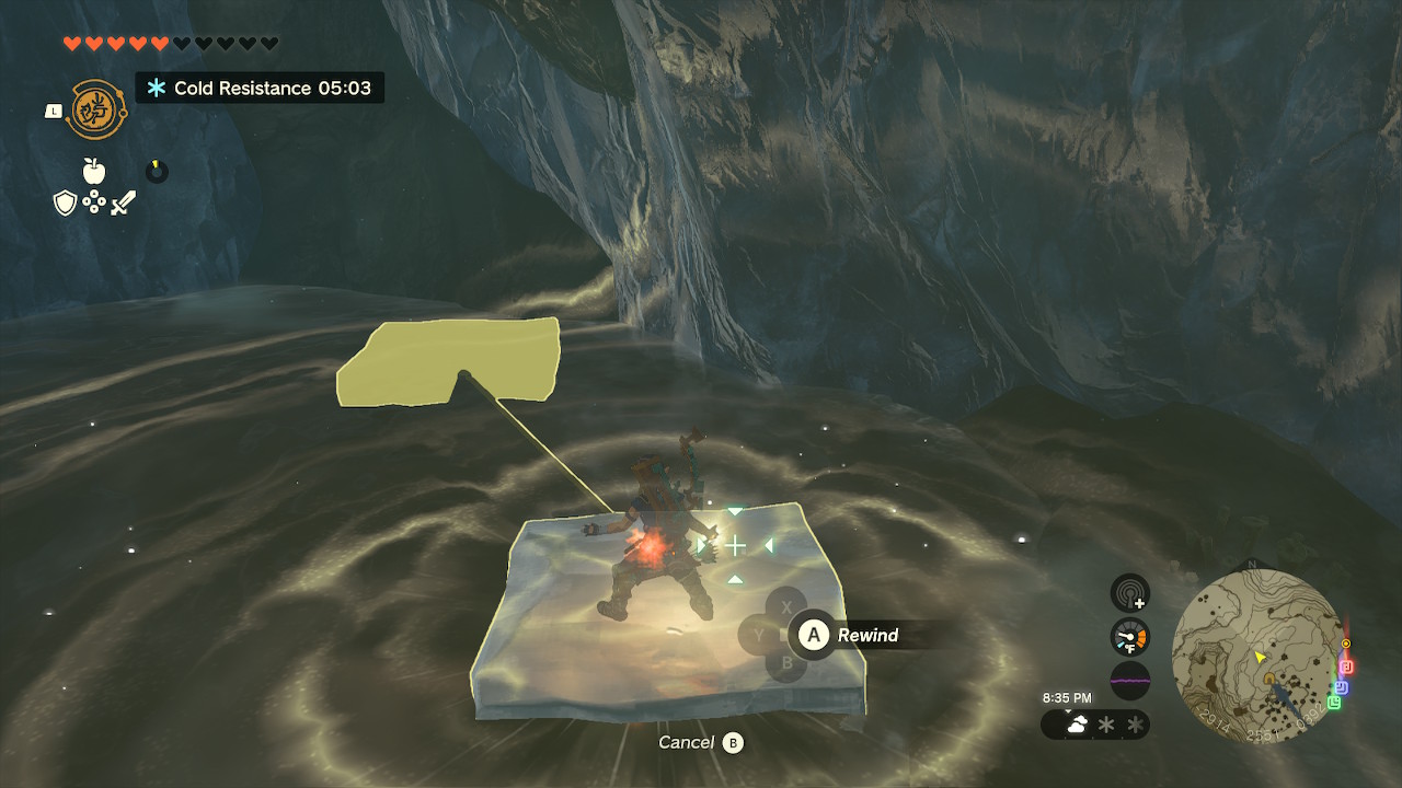 Link uses Recall on a floating ice structure to avoid freezing water in Zelda: Tears of the Kingdom