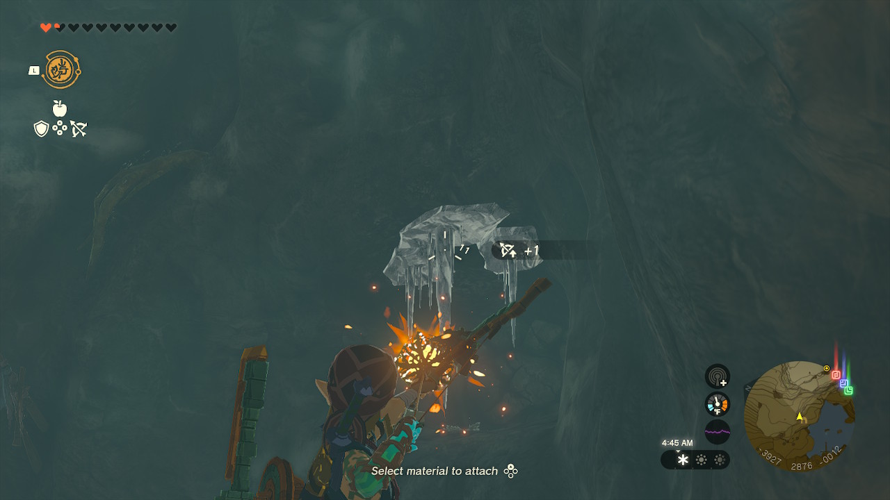 Link aims a fire fruit arrow to ice stalactites in Zelda: Tears of the Kingdom