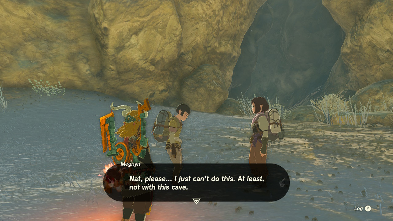 Link listens to Meghyn and Nat chatting about the Brightcap Cave in Zelda: Tears of the Kingdom