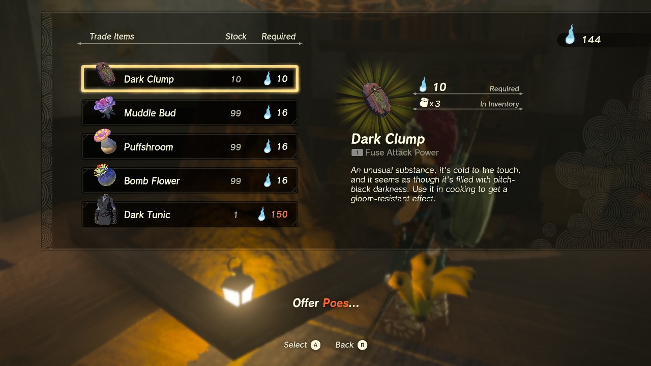A screenshot of the Dark Clump item in the Poe statue shop in Zelda: Tears of the Kingdom. “An unusual substance. It’s cold to the touch, and it seems as though it’s filled with pitch-black darkness. Use it in cooking to get a gloom-resistant effect.”