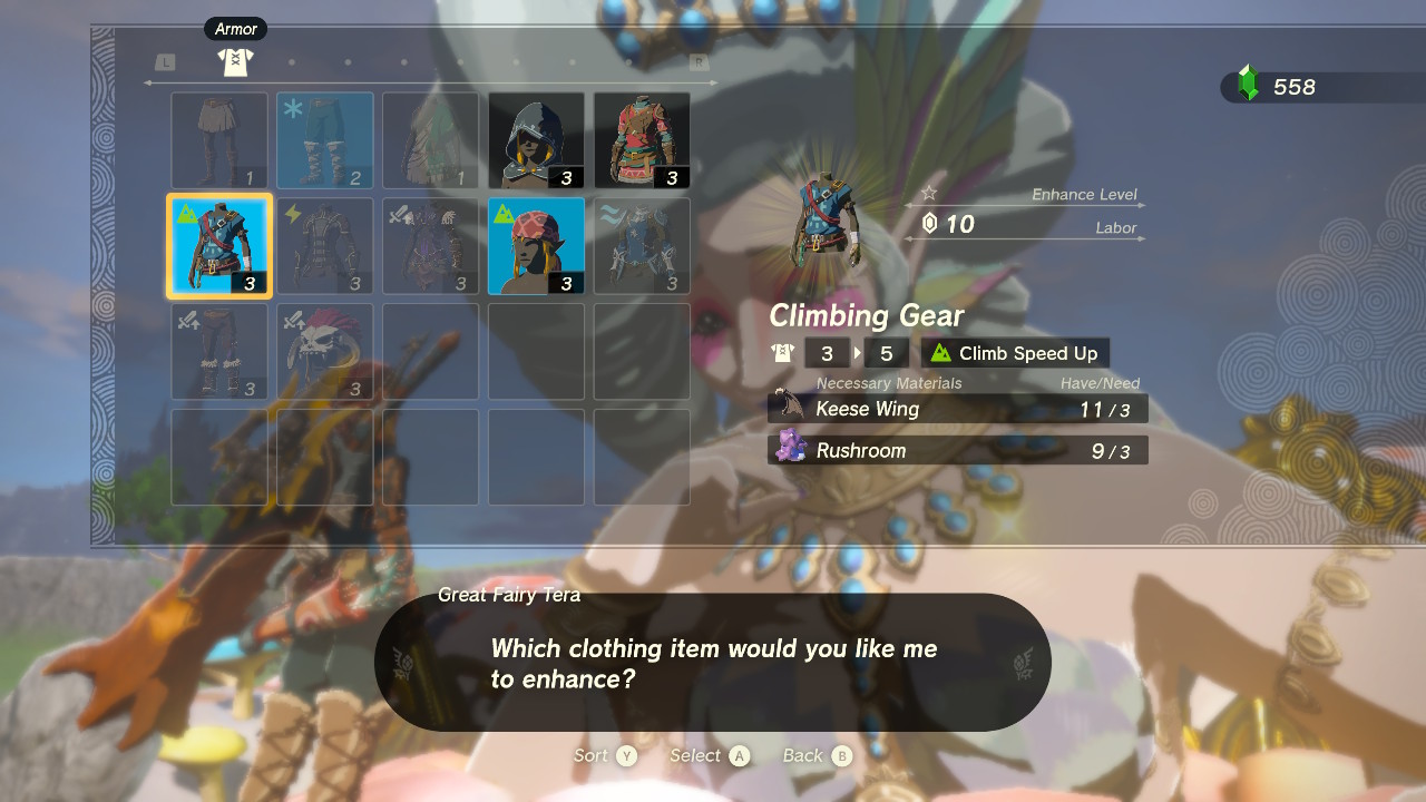 The upgrade armor screen highlights the Climbing Gear, which requires 3 Keese Wings and 3 Rushrooms, in Zelda: Tears of the Kingdom