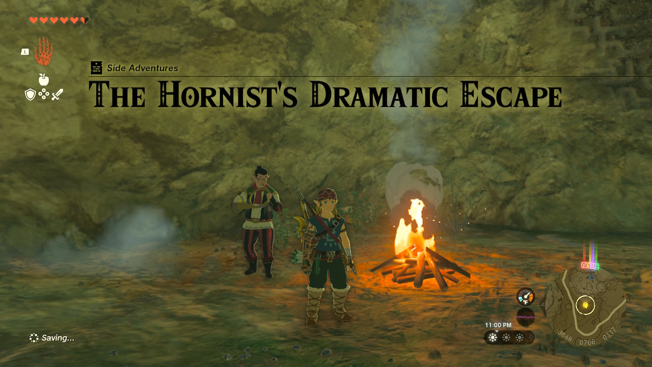 Link stands inside the hole where Eustus has fallen into in Zelda: Tears of the Kingdom