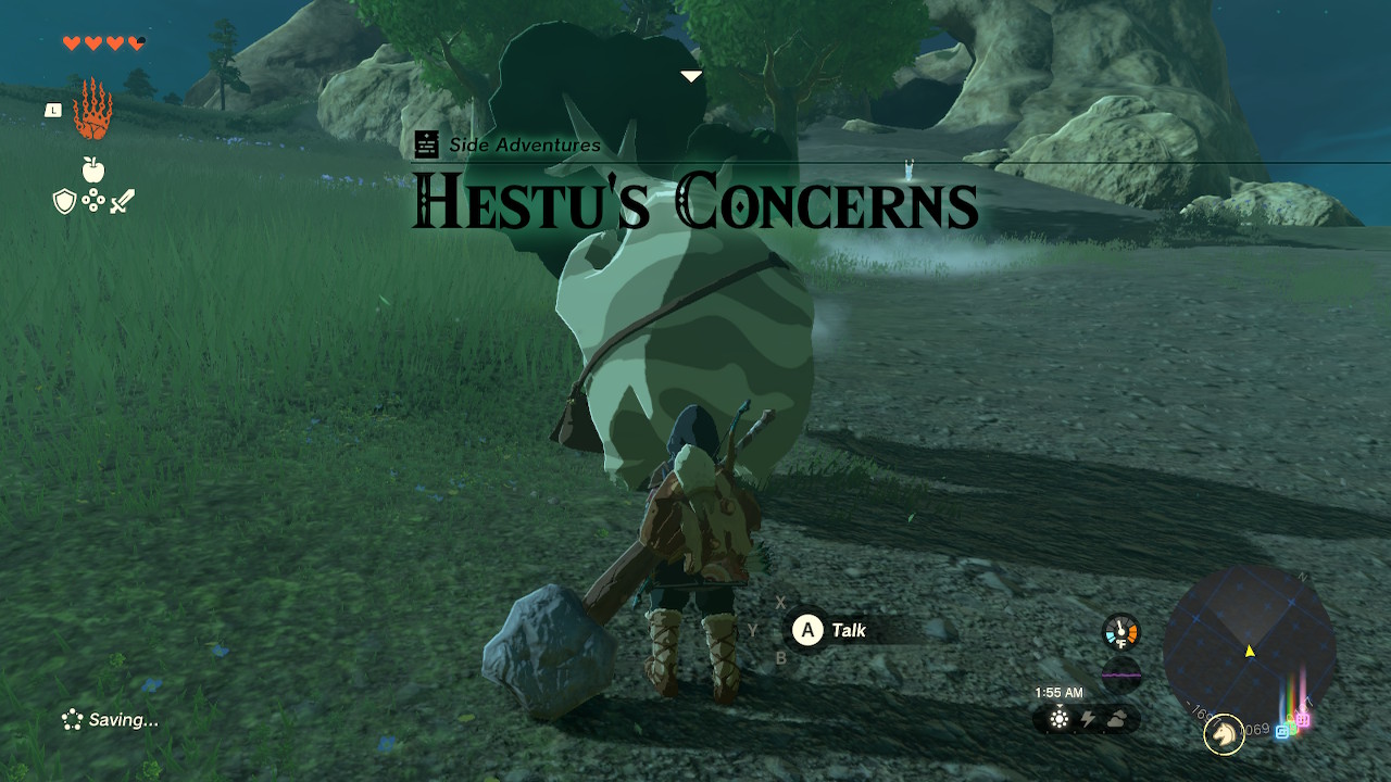 Link stands in front of Hestu, who’s scared of a near enemy in Zelda: Tears of the Kingdom