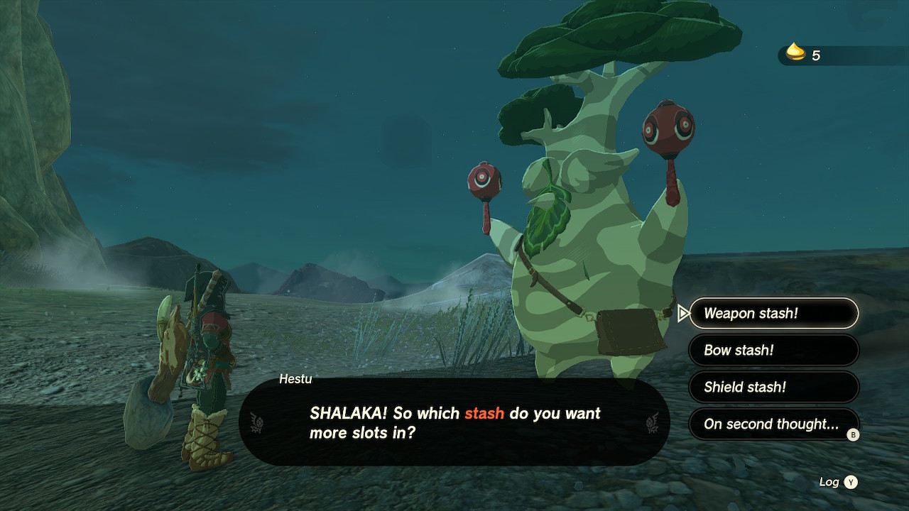 Link chooses between the weapon stash, bow stash, and shield stash upgrade options from Hetsu in Zelda: Tears of the Kingdom