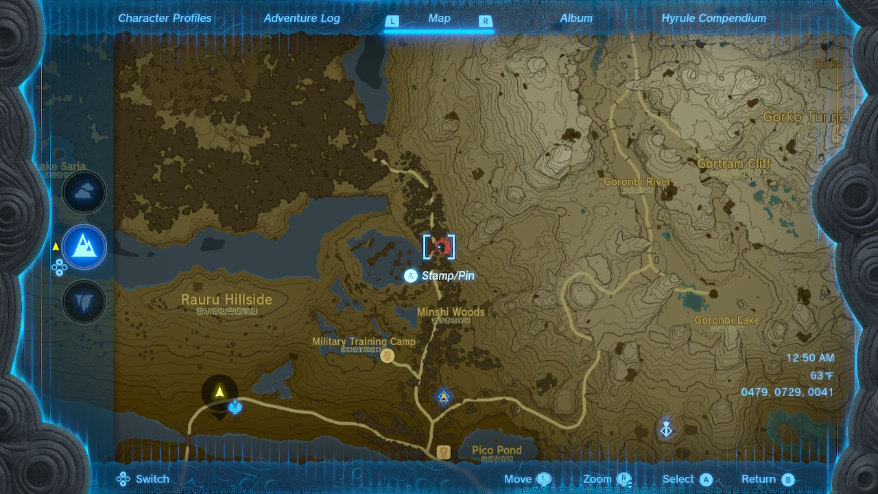 A screenshot of the map location of the Minshi Woods Chasm in Zelda: Tears of the Kingdom