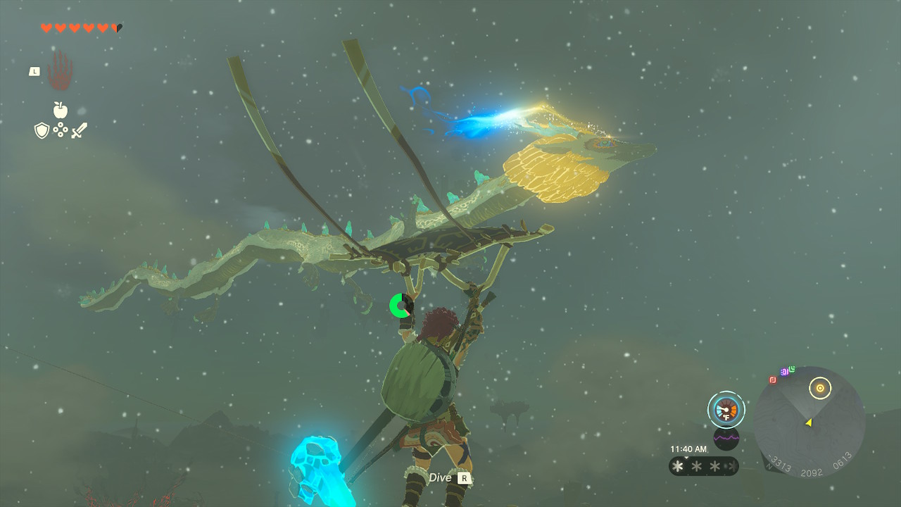 Link paraglides close to the Light Dragon up in the sky in Zelda: Tears of the Kingdom