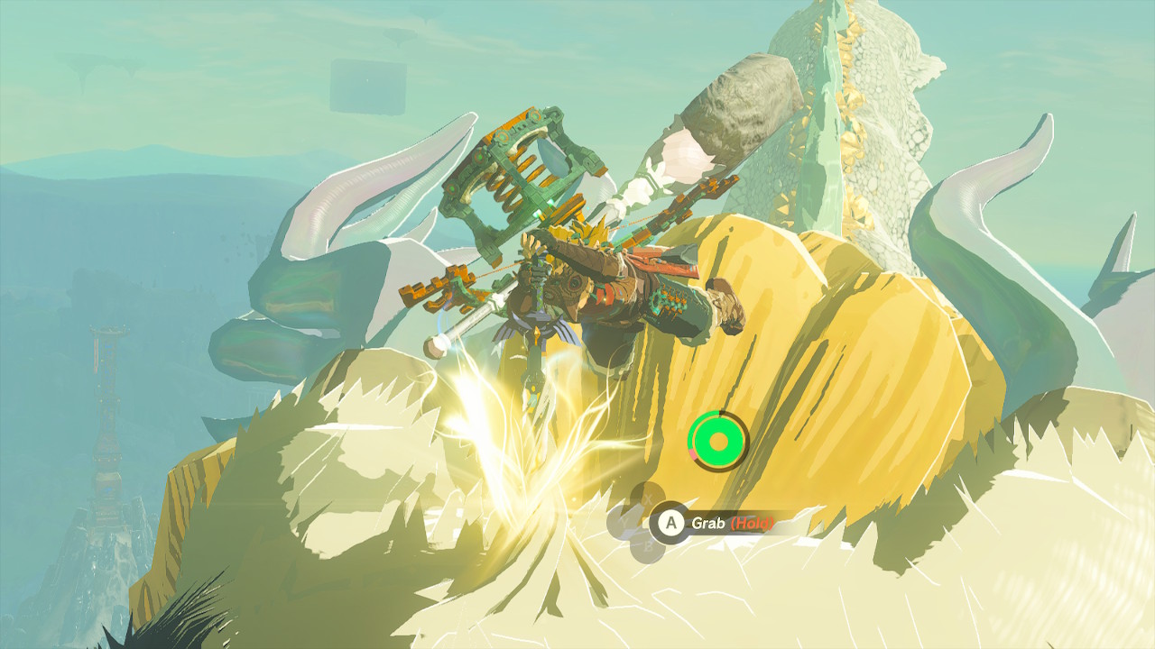 Link clings to the Master Sword on top of the Light Dragon in Zelda: Tears of the Kingdom