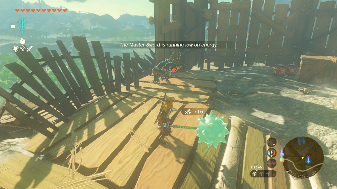 Link fuses the Master Sword with a spiked ball after seeing the prompt that the weapon is running low on energy in Zelda: Tears of the Kingdom
