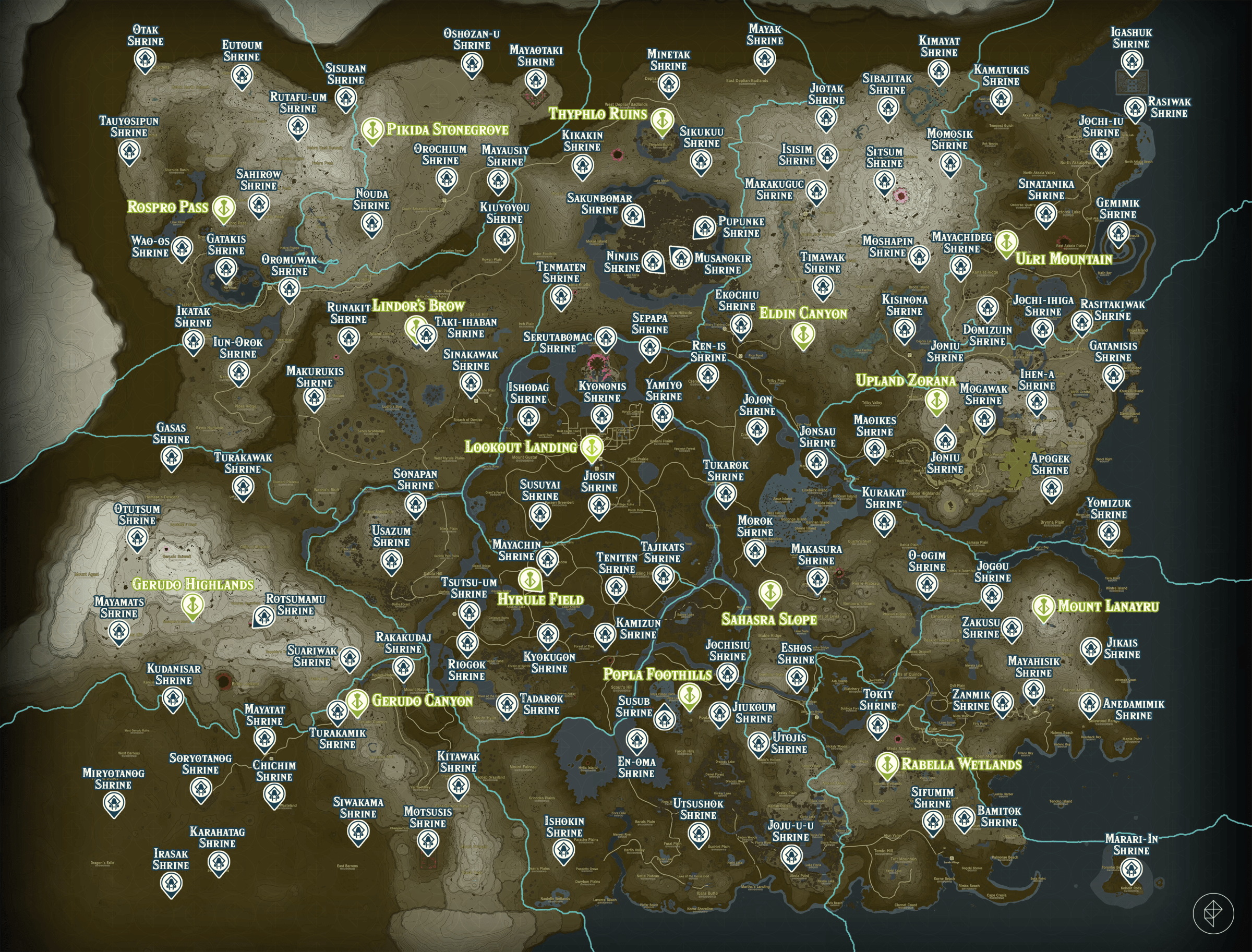 Zelda Tears of the Kingdom map of the Surface region with shrine locations marked