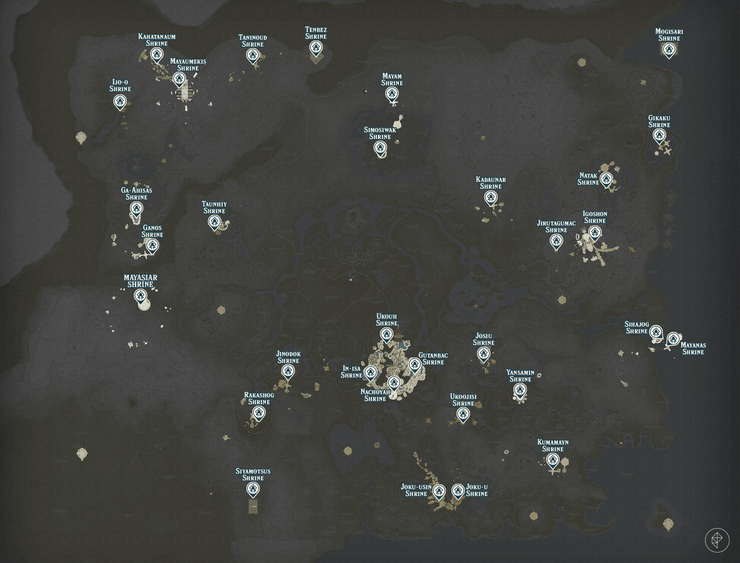Zelda Tears of the Kingdom map of the Sky Island region with shrine locations marked