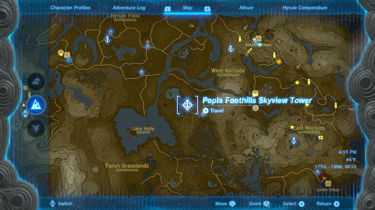 A location screen of the Popla Foothills Skyview Tower in Zelda: Tears of the Kingdom