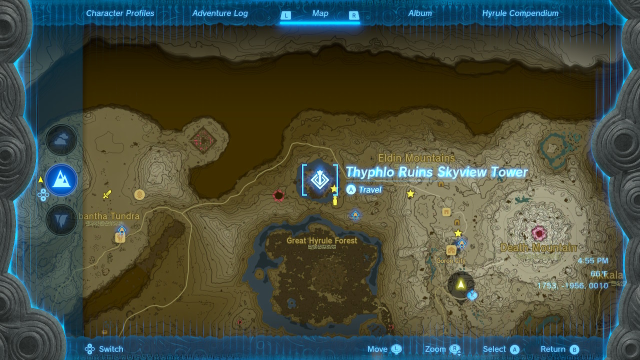 A location screen of the Thyphlo Ruins Skyview Tower in Zelda: Tears of the Kingdom