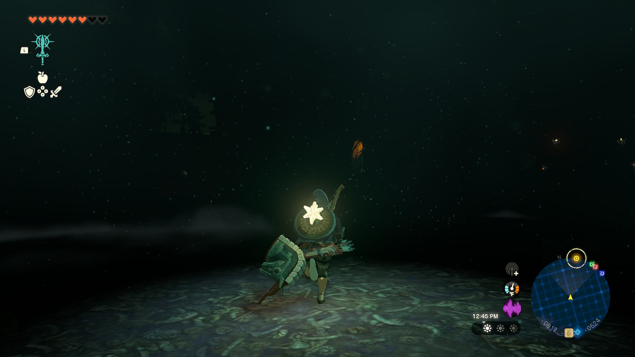 Link roams around the Depths with a Star Fragment that is Fused to the shield on his back, acting as a lantern in Zelda: Tears of the Kingdom