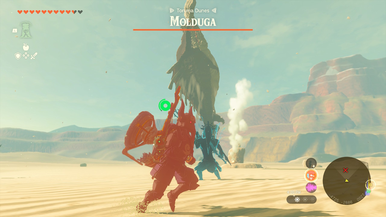 Link runs around while the Molduga is suspended in the air in Zelda: Tears of the Kingdom