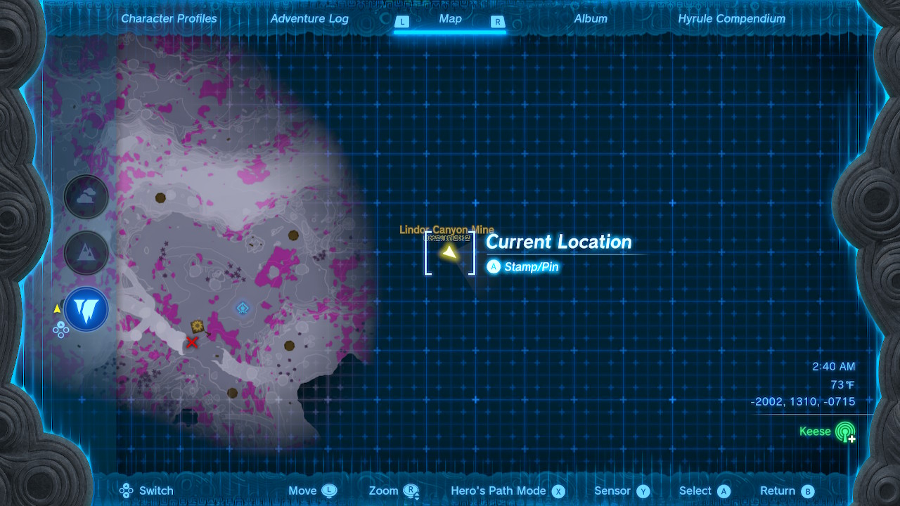 A screenshot of the map location of the Tunic of Time chest in Zelda: Tears of the Kingdom