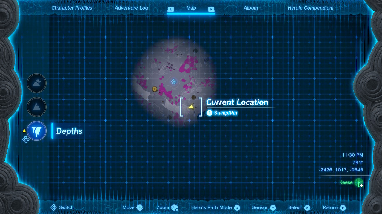 A screenshot of the map location of the start of the long root in Zelda: Tears of the Kingdom