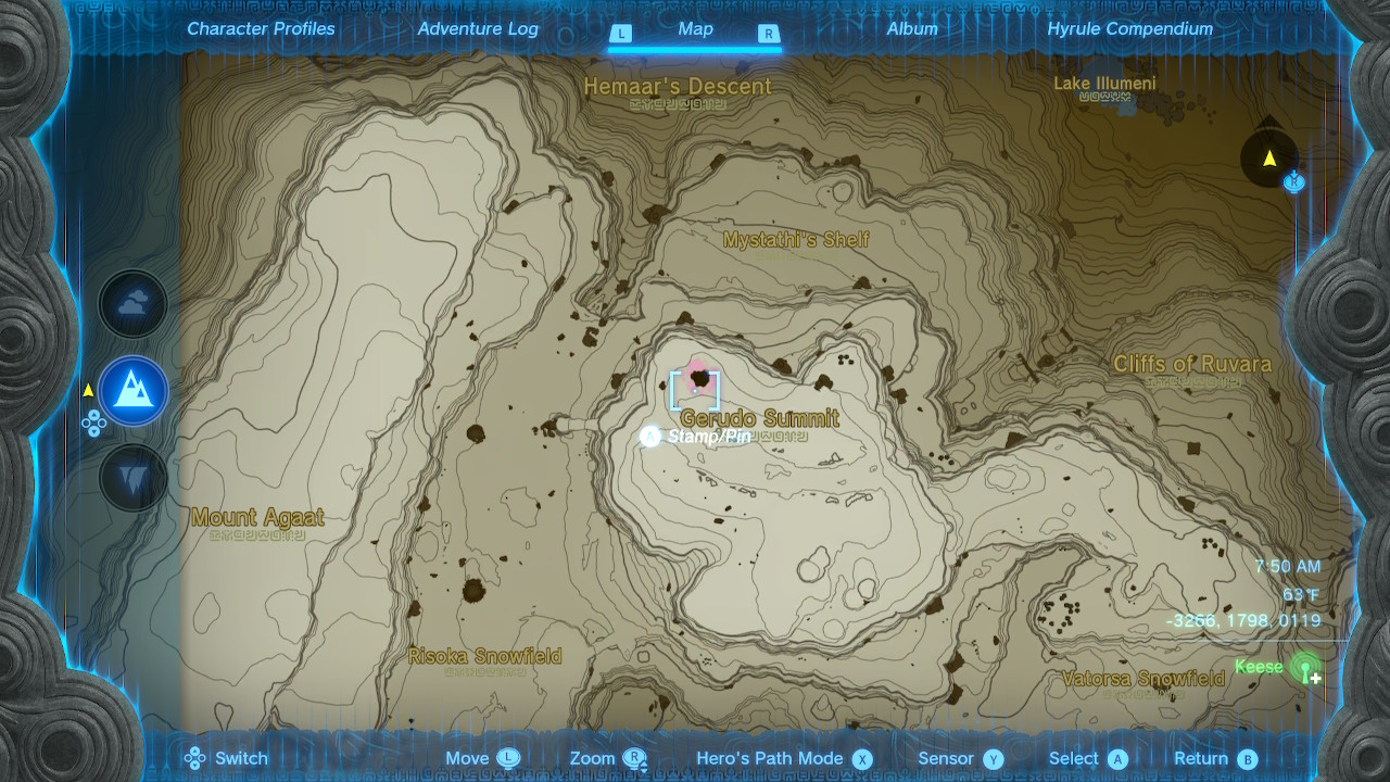 A screenshot of the map location of the Gerudo Summit Chasm in Zelda: Tears of the Kingdom