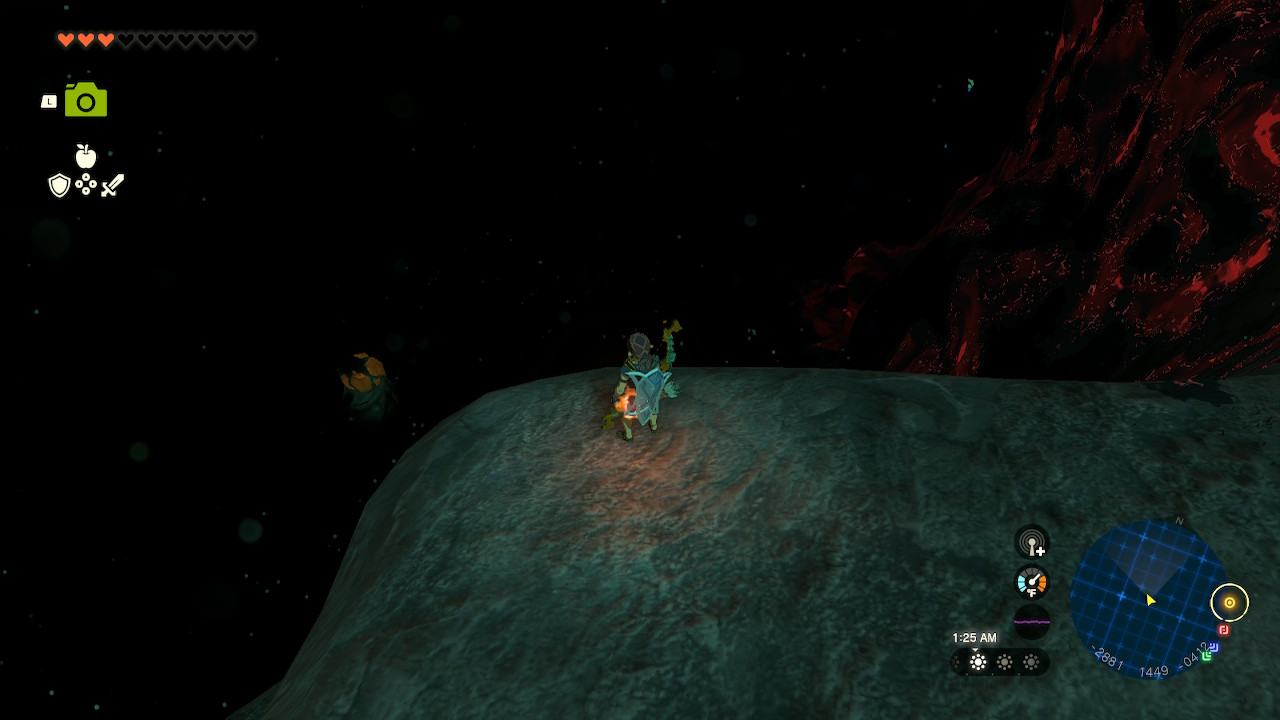 Link stands on a cliff, overlooking a lightroot down below in Zelda: Tears of the Kingdom