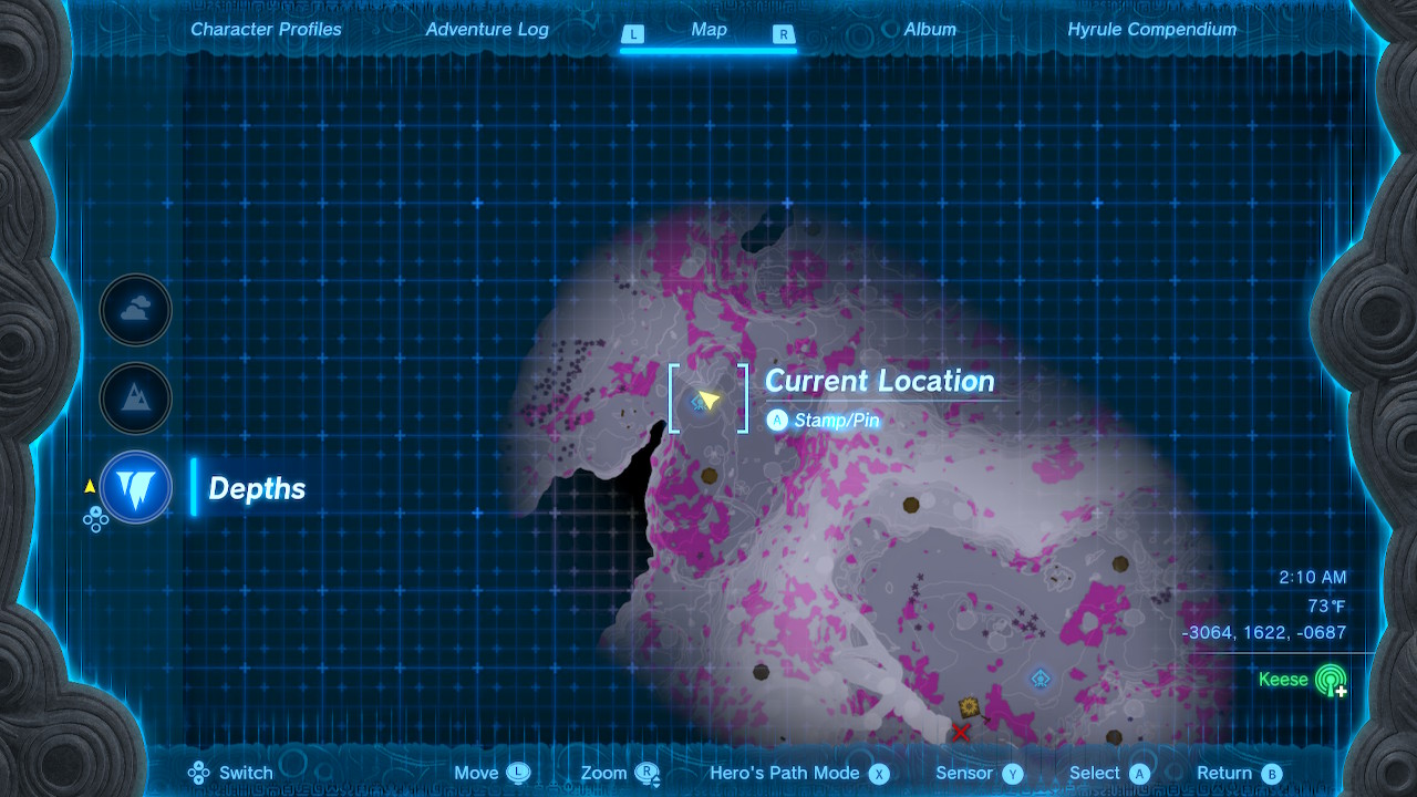 A screenshot of the map location of the Kawumoro Lightroot in Zelda: Tears of the Kingdom