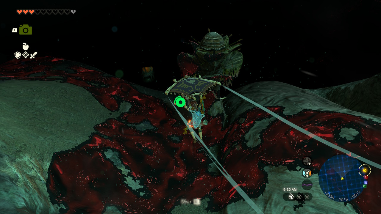 Link glides over gloom-infested terrain on his way to a lightroot in Zelda: Tears of the Kingdom