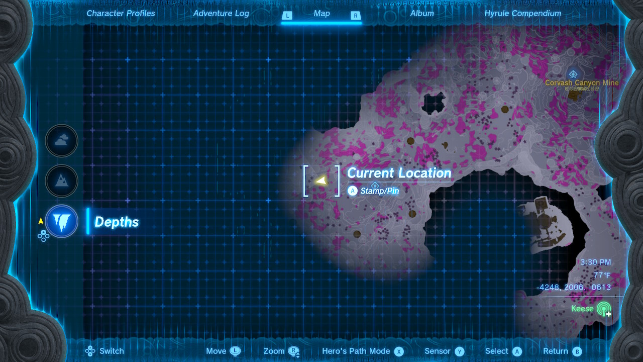 A screenshot of a map location of Link, indicating that he’s heading west in Zelda: Tears of the Kingdom